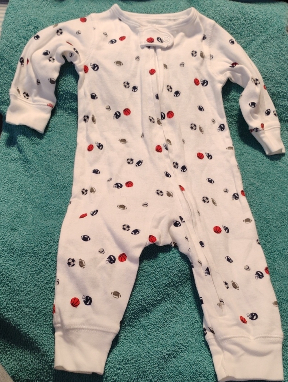 Carter's White Footie One-Piece with Red, Navy, Tan Sports Ball Print